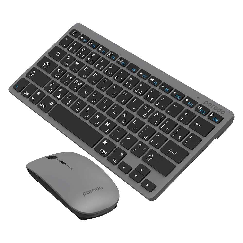 Super Slim Wireless Portable Bluetooth Keyboard with Mouse by Porodo (English/Arabic) 800-1600 DPI, Ultra-Thin Lightweight Compatible for Windows,Android and Tablets - Gray