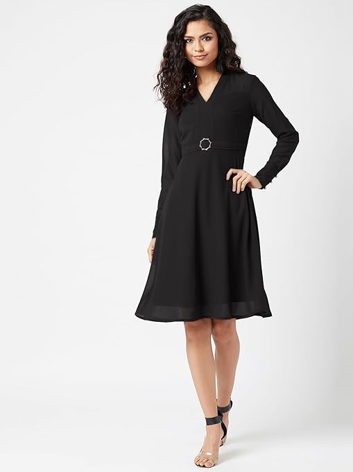 Miss Olive Women's Black V-Neck Full Sleeve Solid Fit & Flare Midi Dress