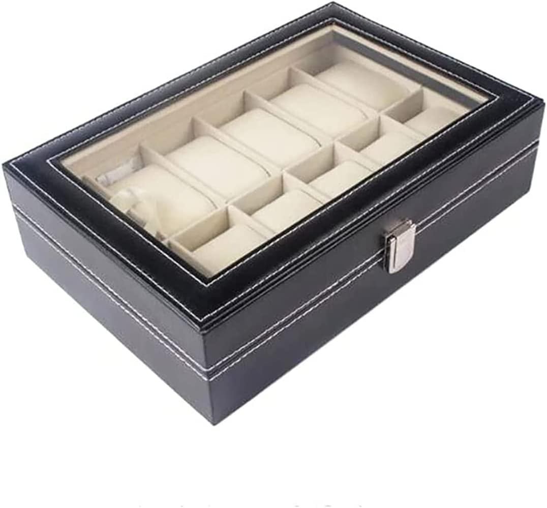 SKY-TOUCH 12 grid watch box，PU Leather Watch Case Watch Box for Men and Women，Watch Display Case with Glass Lids，Watch Box as Gift for Valentines Day Birthday Black ‎31.5 x 22.5 x 11.2 cm