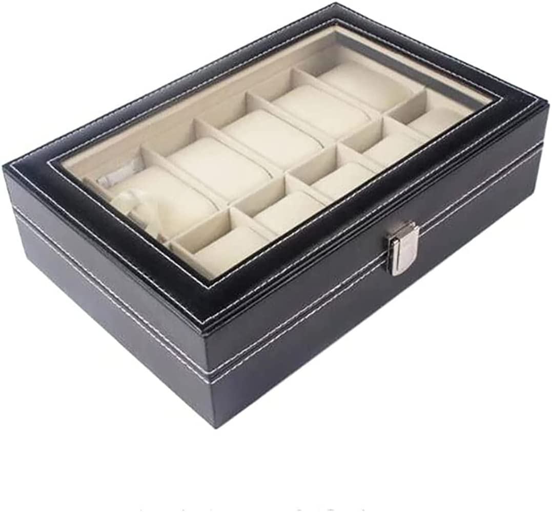 SKY-TOUCH 12 grid watch box，PU Leather Watch Case Watch Box for Men and Women，Watch Display Case with Glass Lids，Watch Box as Gift for Valentines Day Birthday Black ‎31.5 x 22.5 x 11.2 cm