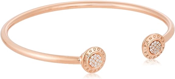 Pandora Cubic Zirconia Engraved Logo Cuff Bangle - 925 Sterling Silver - Rose Gold