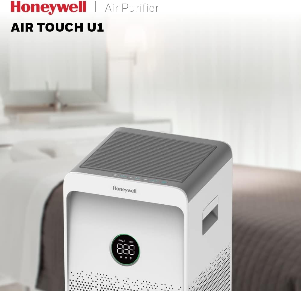 Honeywell Air touch U1 Indoor Air Purifier.ESMA Certified.Anti-Bacterial,H13 HEPA Filter,Activated Carbon Filter,removes 99.99% Pollutants Micro Allergens,UV LED, WIFI, Coverage 1085sq.ft