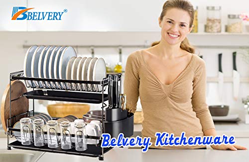 Belvery Dish Drying Stand With Drainer Belvery 2 Tiers Large Kitchen Dish Rack with Removable Cutting Board Holder Utensil Holder and Cup Holder Baking Paint Process Coatings Dish Drainer