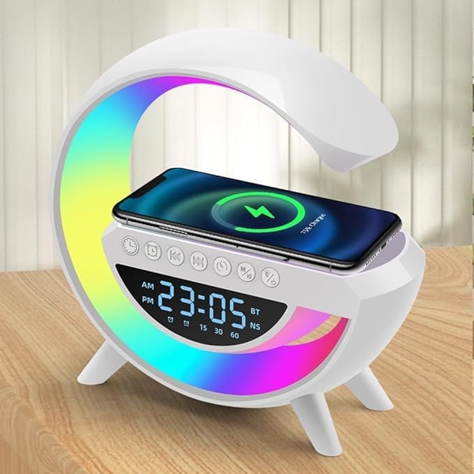 SGG Atmosphere Night Light Wireless Phone Charger Bluetooth Speaker Alarm Clock All in One LED Table Lamp for Bedroom, Living Room, Office, Ideal Gift Choice (BT-3401)