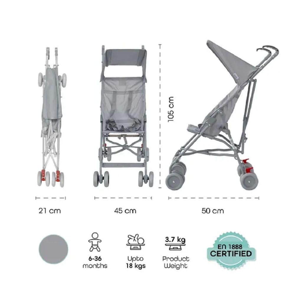 MOON Jet Light Weight Travel Buggy / Stroller For Baby/Kids/Toddler With Extra Wide Canopy |Umbrella Fold |Easy Assemble Shoulder Strap From 6 Months To 3 Years- Light Grey