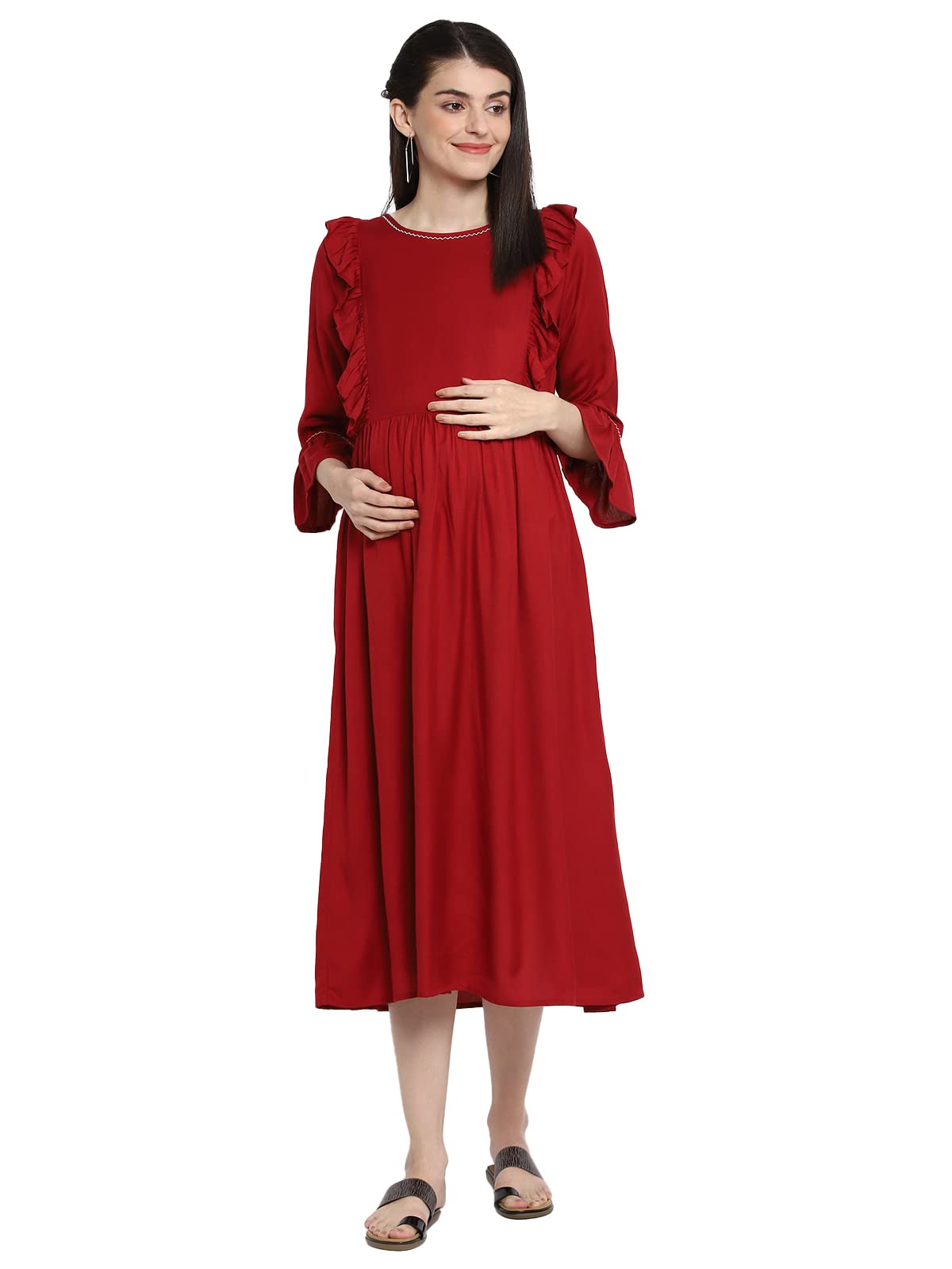 Momstory Women'S Rayon Midi Dress With Frills Details On Yoke (Mdrfn502137)