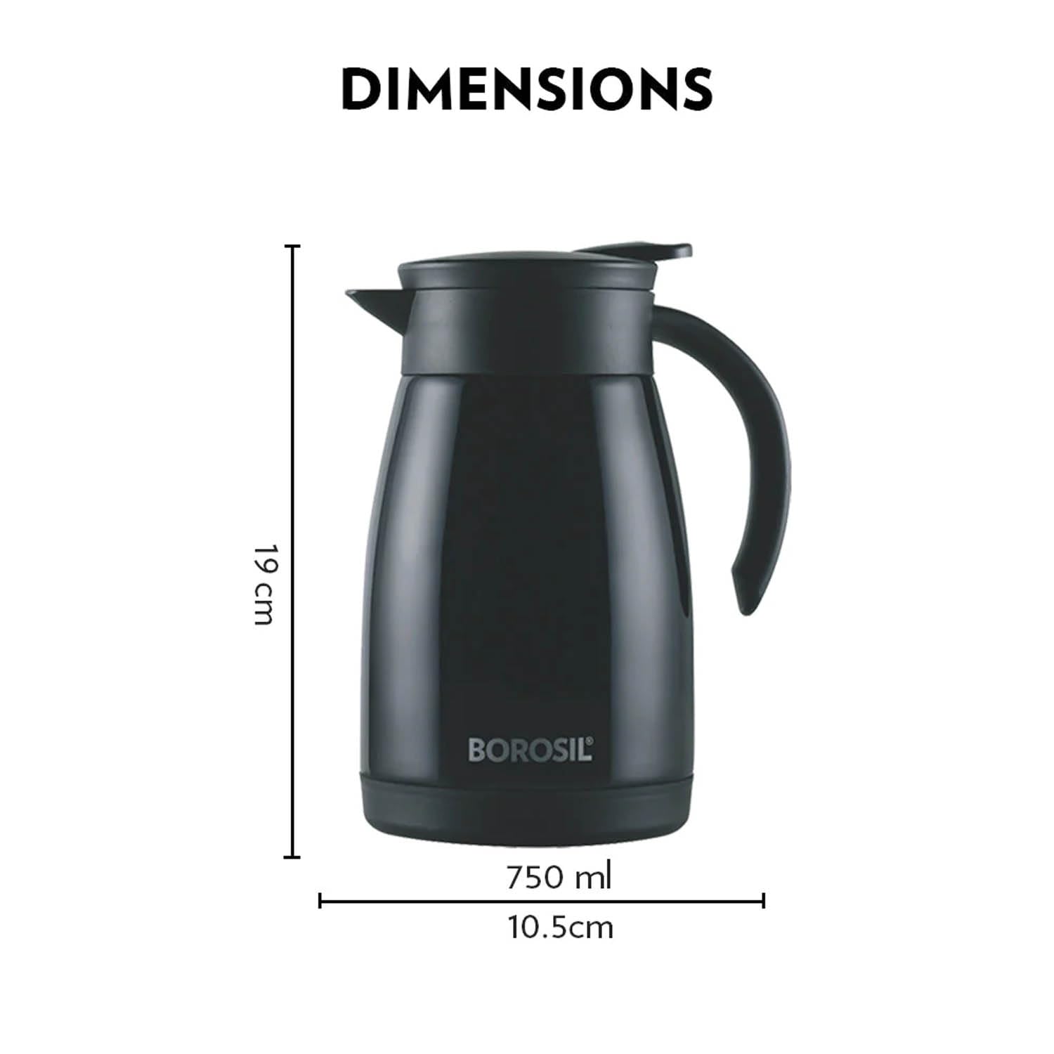 BOROSIL VACUUM INSULATED STAINLESS STEEL TEAPOT | TEA POT | THERMAL FLASK | THERMOS | CARAFE | JUG | COFFEE POT | FOR WATER, COFFEE, TEA | BLACK 750 ML