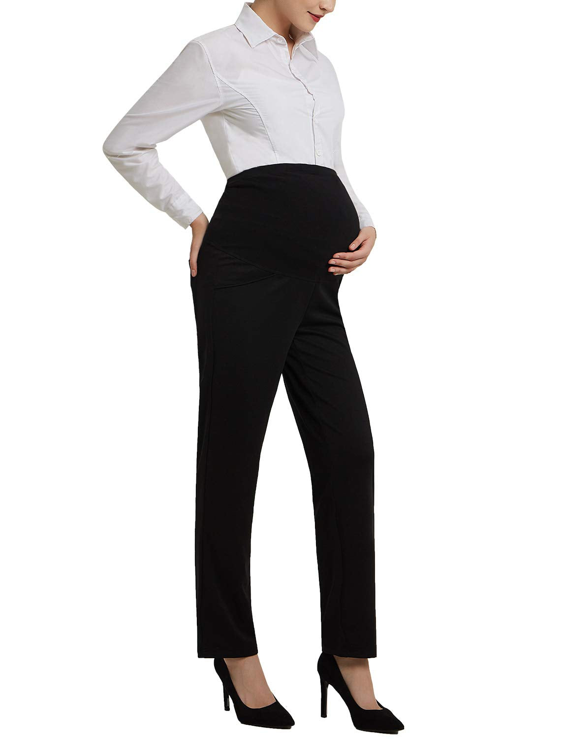 Bhome Maternity Jeans Stretch High Waisted Pants,Dress Pants for Work Career Office Pants, Black Straight Work Pants