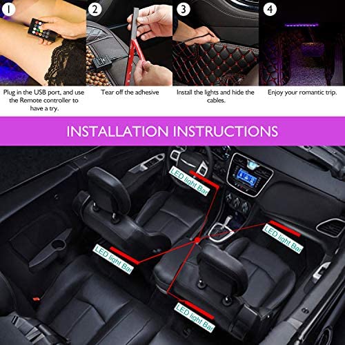 Car LED Strip Lights, 4pcs 48 USB LED Interior Lights, MultiColor Music Car Strip Light Under Dash Lighting Kit with Sound Active Function and Remote Controller, DC 5V