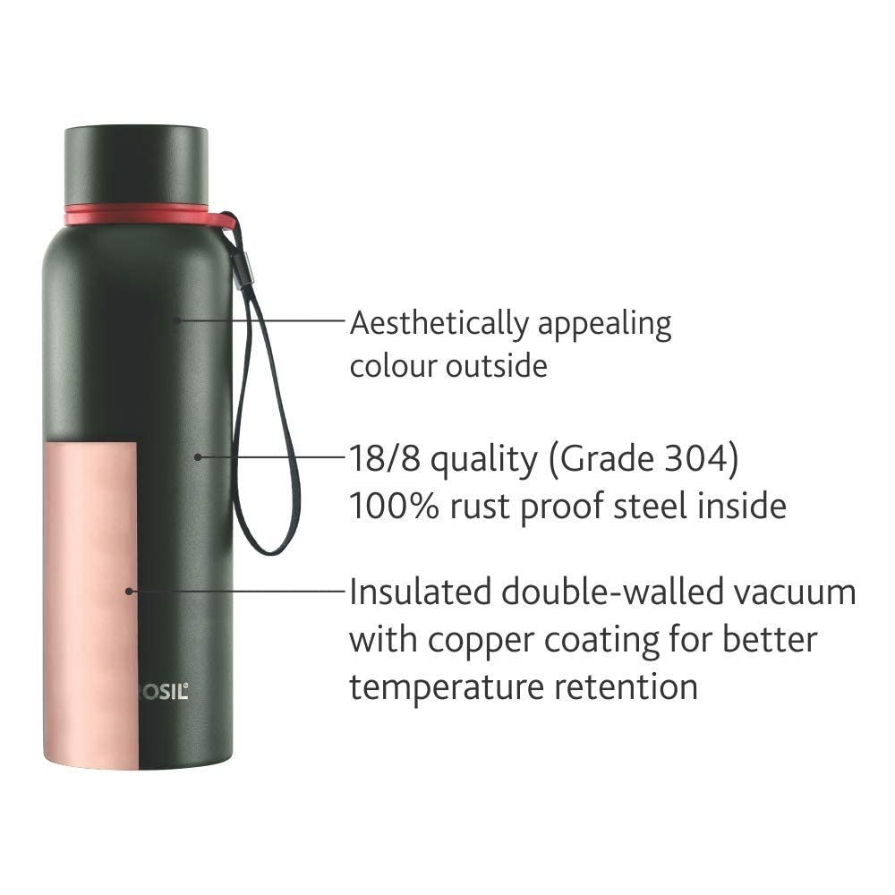 BOROSIL VACUUM INSULATED COPPER COATED INNER TREK Water Bottle|Sports Bottle|Yoga Bottle|Outdoor|PortableLeak Proof|ReusableWater Bottle 700 ML, Green