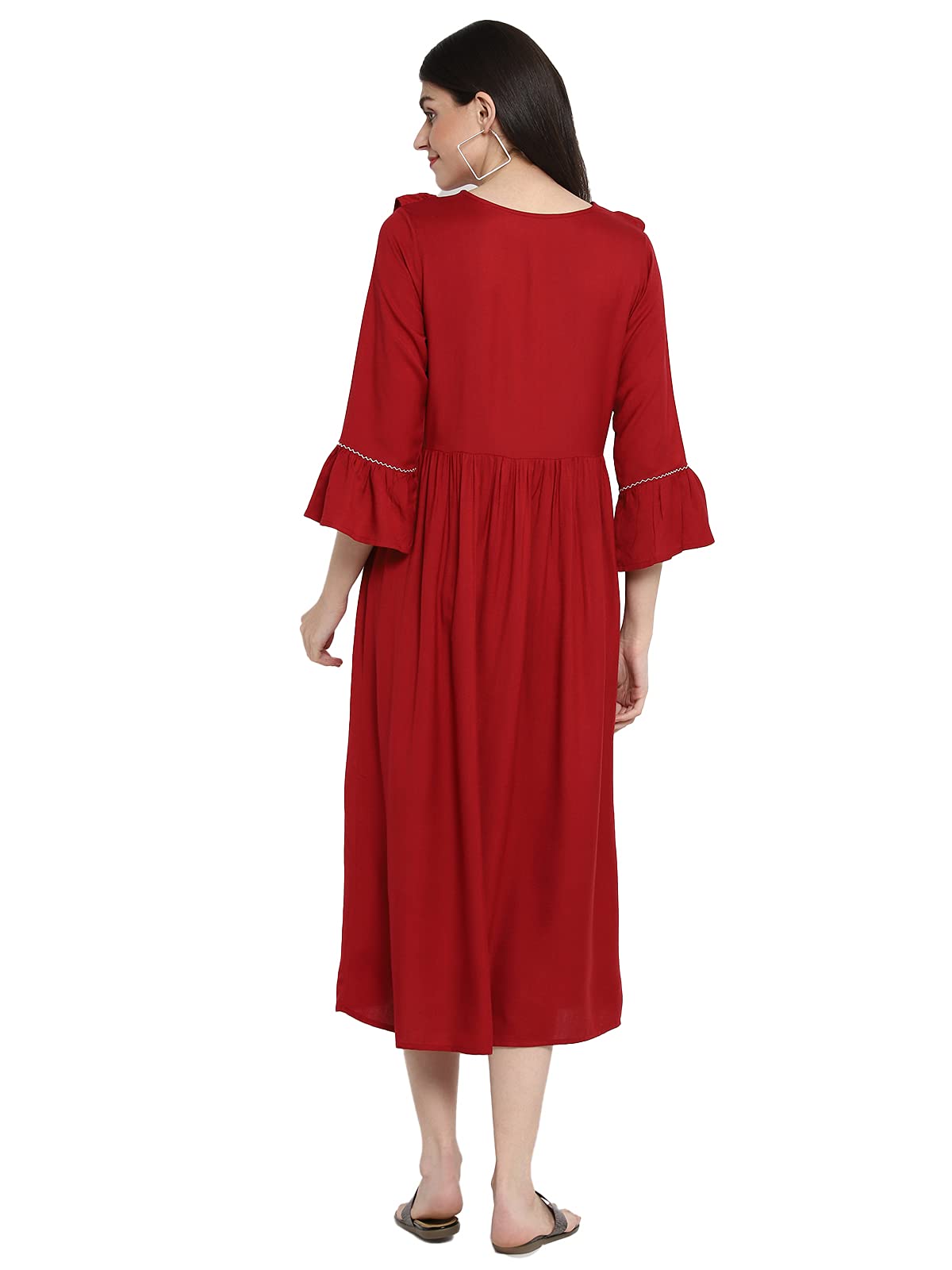 Momstory Women'S Rayon Midi Dress With Frills Details On Yoke (Mdrfn502137)