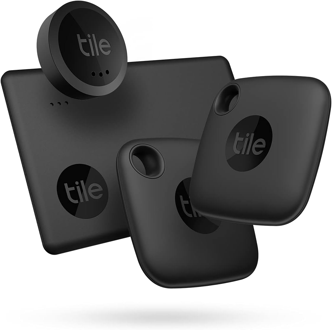 Tile Essentials (2022) Bluetooth Item Finder Set - 4 Pack (2 Black Mates, 1 Slim, 1 Sticker), Works with Alexa & Google Smart Home, iOS and Android Compatible, Find your Keys, Wallets, Remotes & More