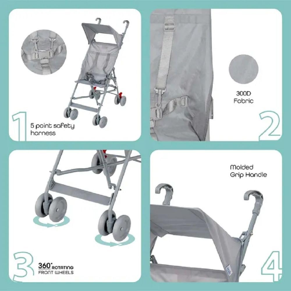 MOON Jet Light Weight Travel Buggy / Stroller For Baby/Kids/Toddler With Extra Wide Canopy |Umbrella Fold |Easy Assemble Shoulder Strap From 6 Months To 3 Years- Light Grey