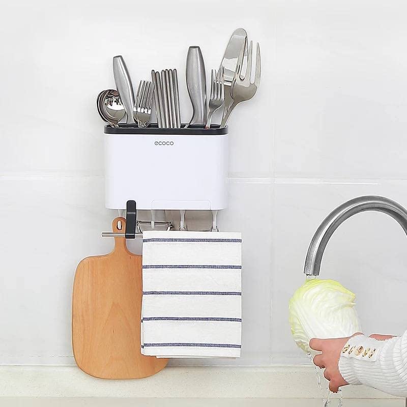 Ecoco kitchen tools and towel holder with 4 hook and stick stand double face by ecoco. - White /  Grey