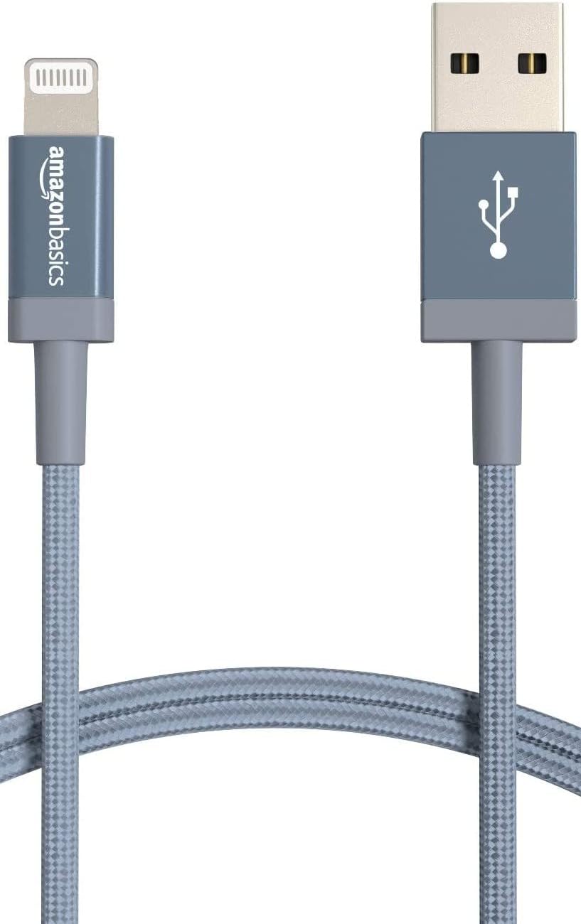 Amazon Basics USB-A to Lightning Charger Cable, Nylon Braided Cord, MFi Certified Charger for Apple iPhone 14 13 12 11 X Xs Pro, Pro Max, Plus, iPad, 3 Foot (1M), Dark Gray