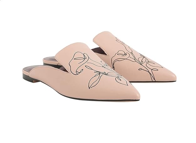 CHARLES & KEITH Floral Embroidered Pointed Toe Faux Leather Slip-On Mules for Women