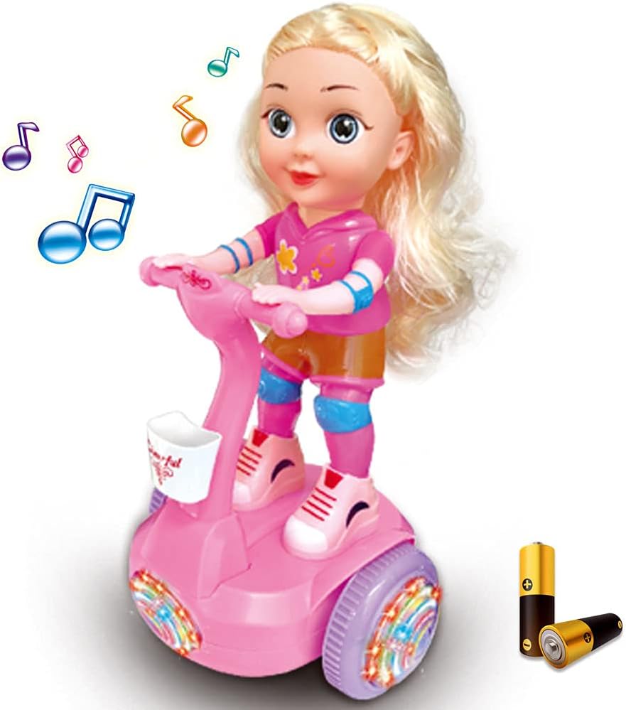 Kidwala magical cute pink doll & yellow hair riding hover balance board, lights & Music with colorful wheels light 360-degree spin doll with battery, an oblique dancing doll with music