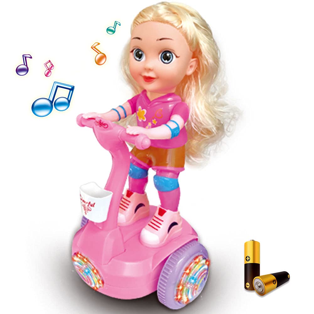 Kidwala magical cute pink doll & yellow hair riding hover balance board, lights & Music with colorful wheels light 360-degree spin doll with battery, an oblique dancing doll with music