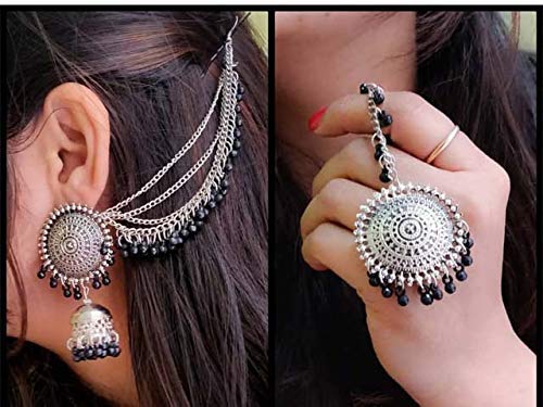 Shining Diva Fashion Latest Oxidised German Silver Antique Design Stylish Traditional Maang Tikka Jhumka Earrings Jewellery Set for Women