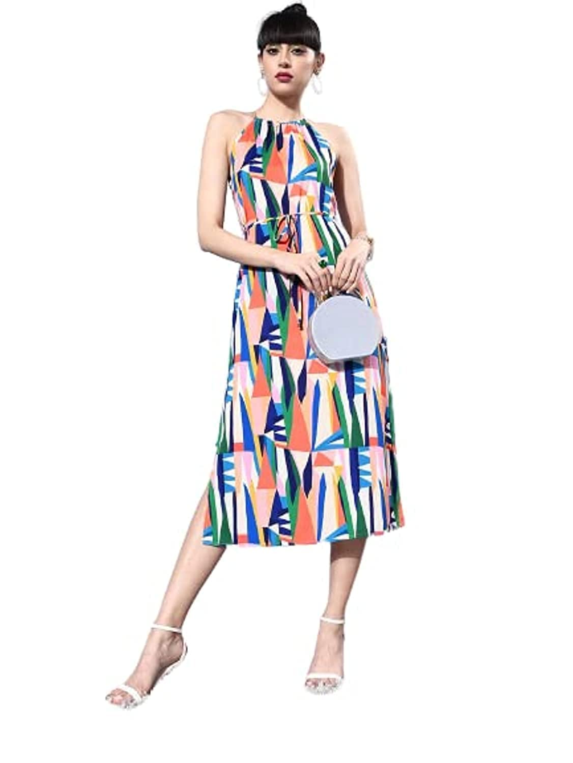 Krave Off White & Blue Halter Neck Crepe Midi Dress.MULTICOLOR.XL