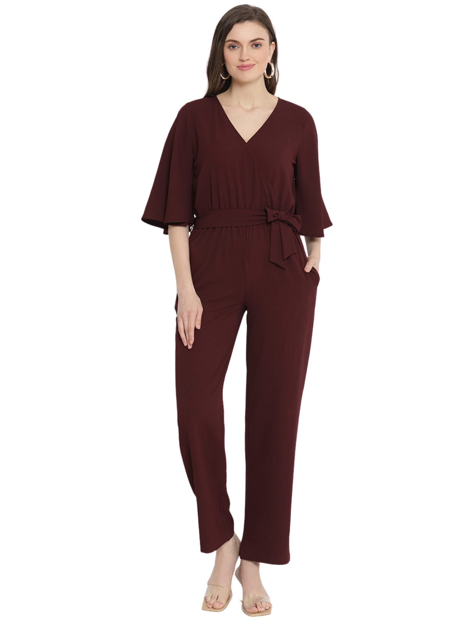 Styleville.in Moss Crepe Wrap Jumpsuit with Flare Sleeve