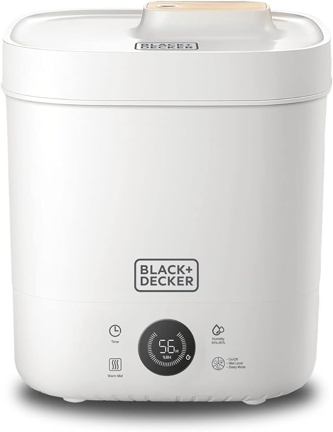 Black & Decker 110W Digital Humidifier with 4.0L Tank - Covers up to 40m2, 180-350ml/h Mist Output, Warm Mist Option, Air Filter, Touch Control & LED Display, 1-12 Hours Timer, ,HM4250-B5