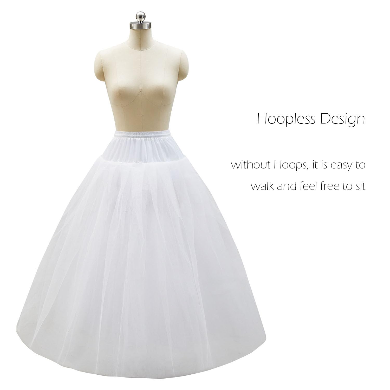 Aprildress A-line Hoopless Petticoat Crinoline Underskirt, White, Size One Size