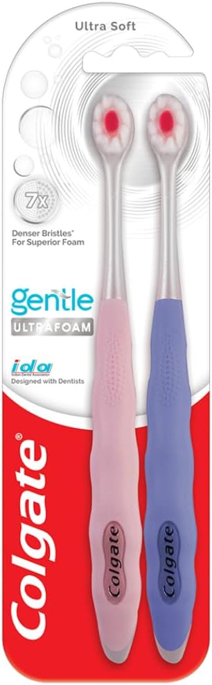 Colgate Gentle UltraFoam Ultra Soft Bristles Manual Toothbrush for adults, 2 Pcs, Soft Bristles for Superior Clean, Multicolor