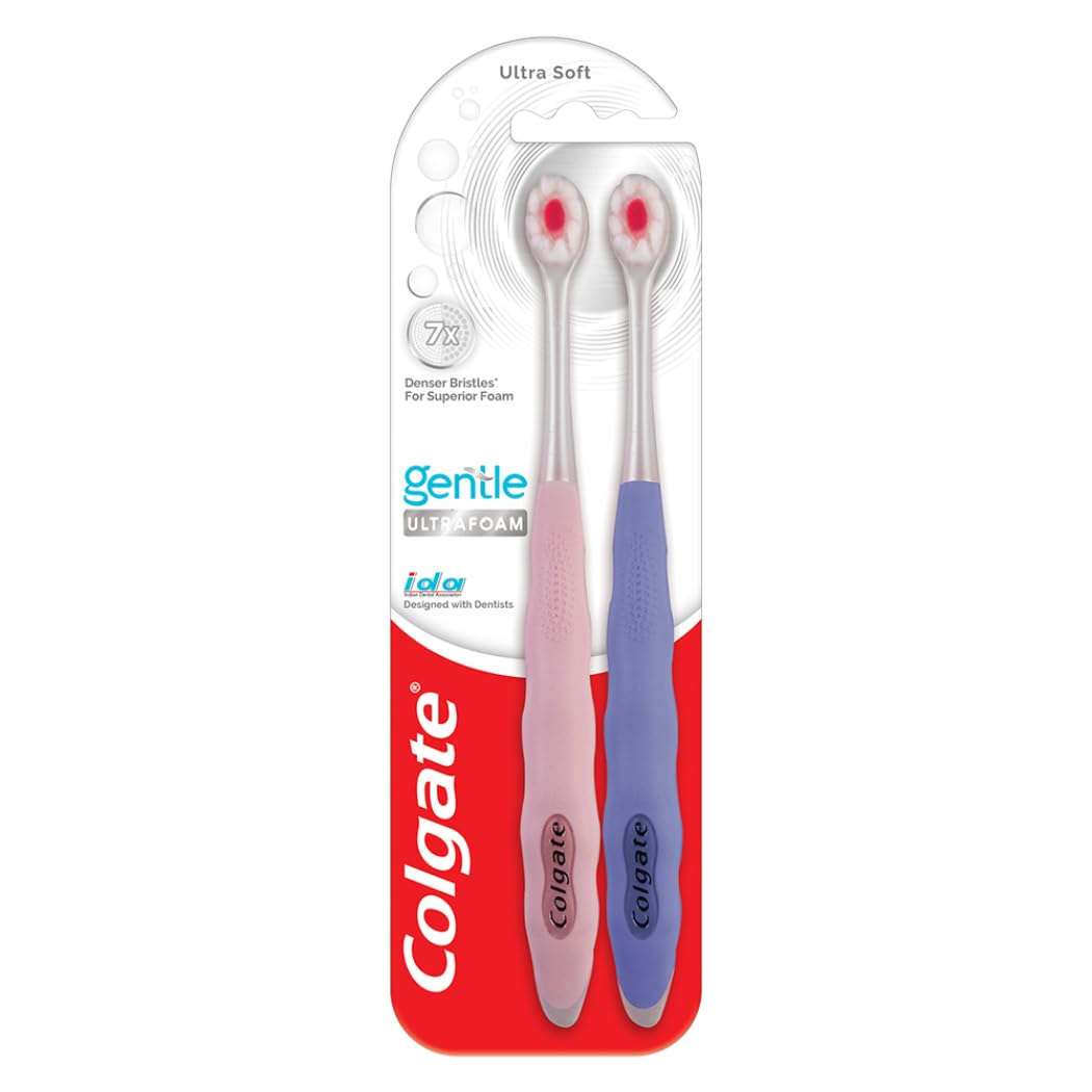 Colgate Gentle UltraFoam Ultra Soft Bristles Manual Toothbrush for adults, 2 Pcs, Soft Bristles for Superior Clean, Multicolor