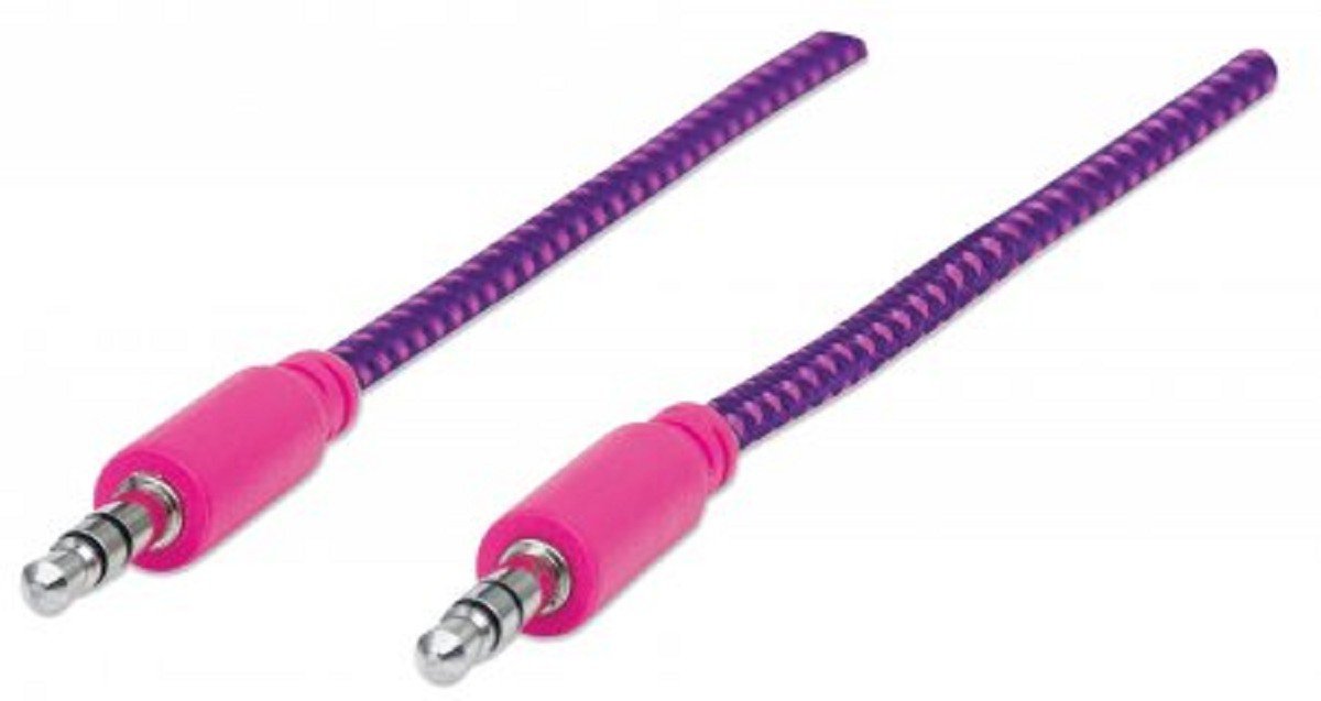 Manhattan 394123 Braided Audio Cable – 3.5mm Stereo Male-to-Male, Purple/Pink, 1.8 Meters