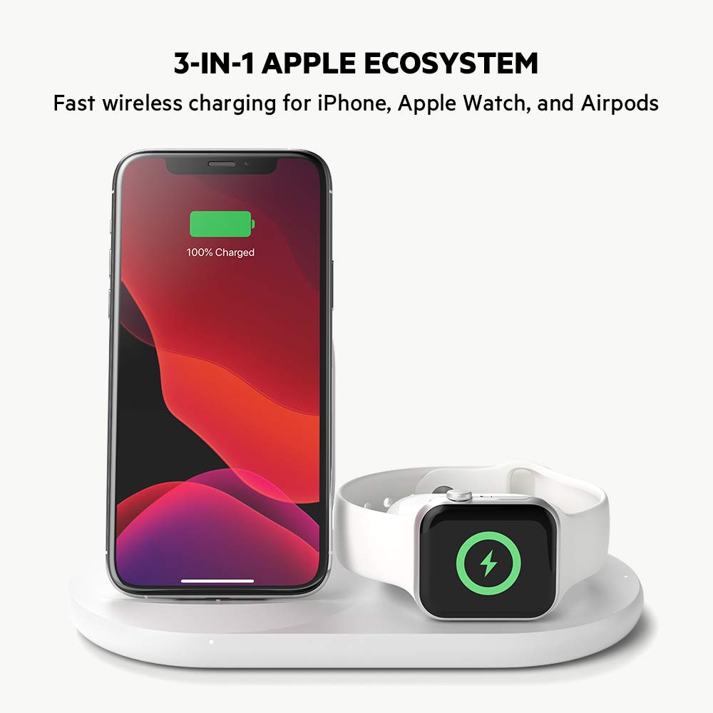 Belkin 3 in 1 Wireless Charging Station, 7.5W Wireless Charger for iPhone, Apple Watch and AirPods, Wireless Charging Dock, iPhone Charging Dock, iPhone 15, 14, 13, Apple Watch series 9, 8, 7 - White