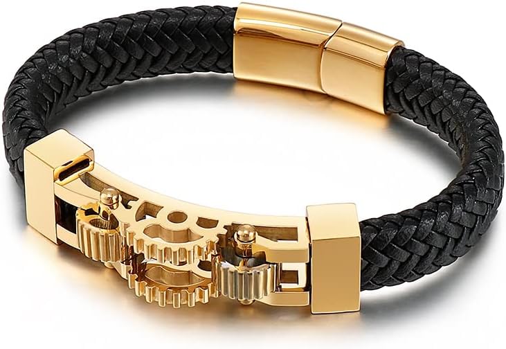 AC&L Mens Cog wheel Metallic Steel and Genuine Leather Bracelet - Gold - Silver - Gun Metal