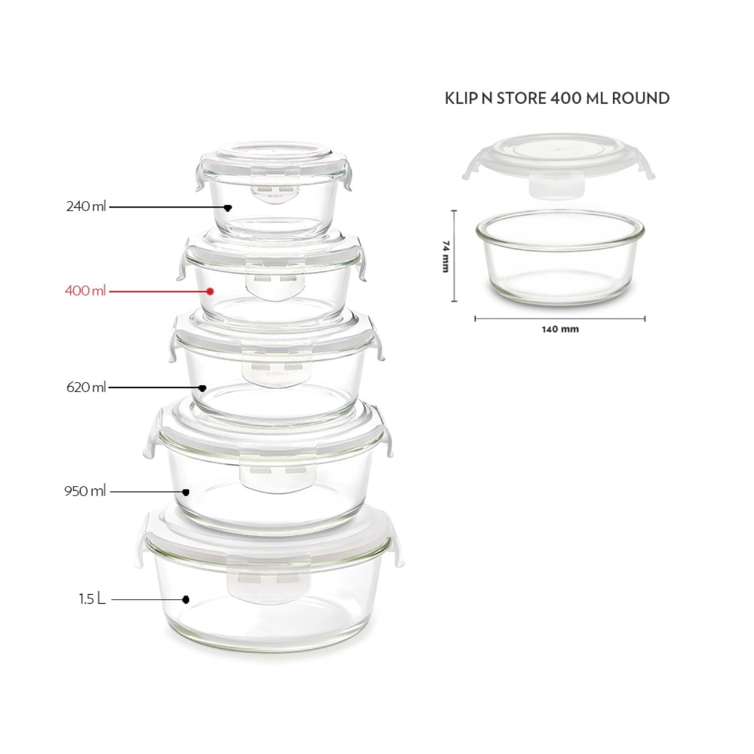 BOROSIL KLIP-N-STORE ROUND GLASS STORAGE CONTAINER WITH AIR TIGHT LID FOOD STORAGE CONTAINER MICROWAVE SAFE CONTAINER 400 ML