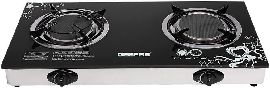 Geepas Glass Gas Stove with Infrared Burner- GK6865| 2 Infrared Burners with Enameled Pan and Wok Support| Efficient Burners, Low Gas Consumption, Stainless Steel Frame| Black