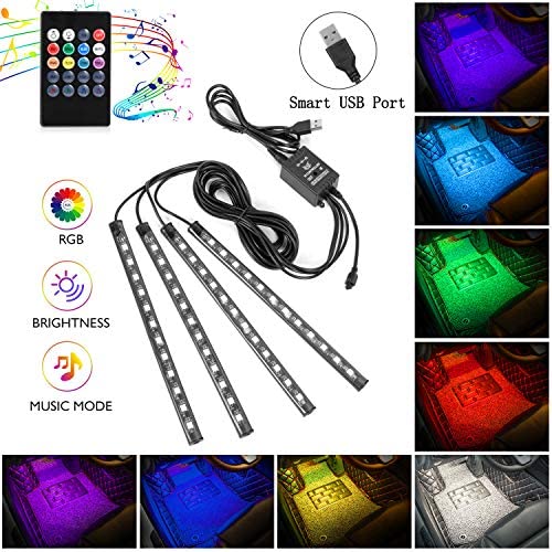 Car LED Strip Lights, 4pcs 48 USB LED Interior Lights, MultiColor Music Car Strip Light Under Dash Lighting Kit with Sound Active Function and Remote Controller, DC 5V