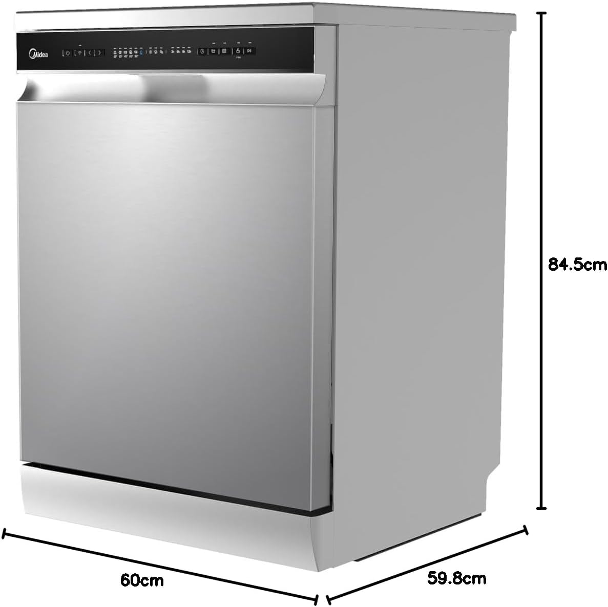 Midea Smart Freestanding Dishwasher, 14 Place Settings, 8 Programs, Wi-Fi, Delay Start & Half Load Function, Silent & High Energy Efficient, Rapid Wash, Child Lock, Self Cleaning Silver WQP14-W7633CS