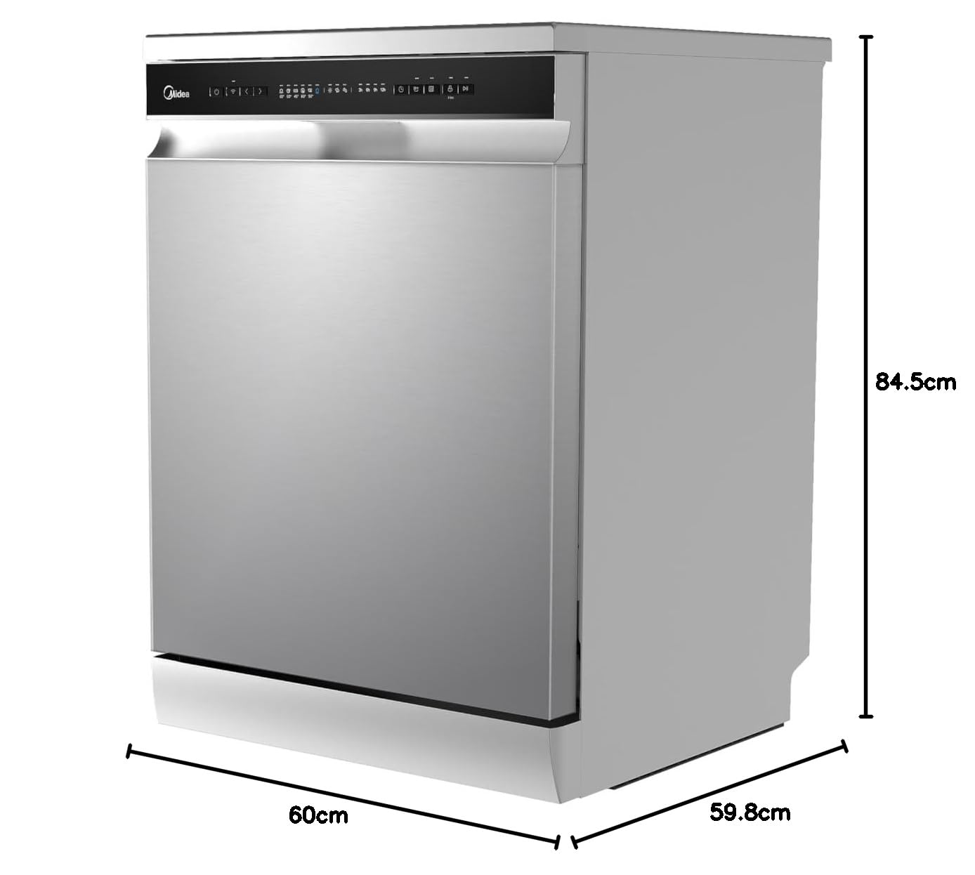 Midea Smart Freestanding Dishwasher, 14 Place Settings, 8 Programs, Wi-Fi, Delay Start & Half Load Function, Silent & High Energy Efficient, Rapid Wash, Child Lock, Self Cleaning Silver WQP14-W7633CS