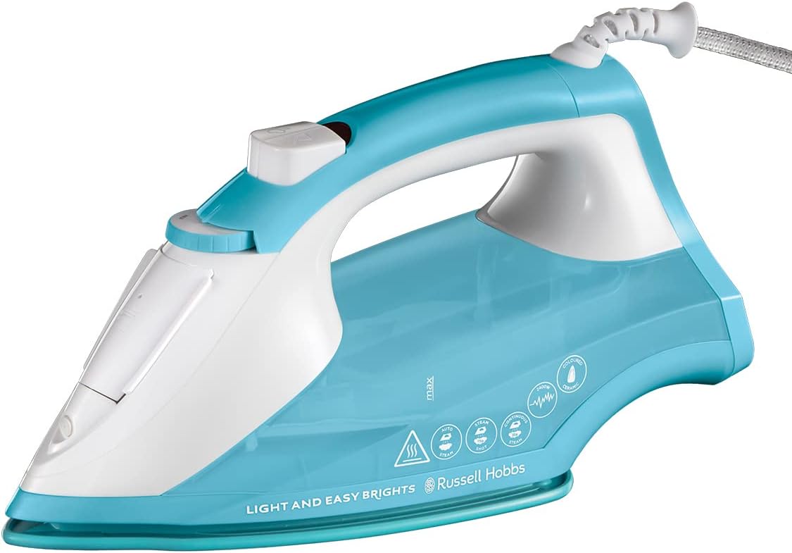 Russell Hobbs Light and Easy Brights Steam Iron - Colourful Design with 2x More Durable Soleplate, 115 Gram Steam Shot, and 35 Gram Continuous Steam - 26482 (Aqua), 1-Year Warranty