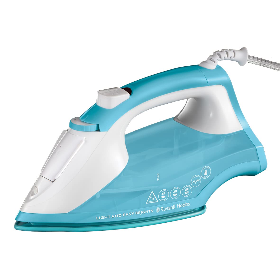 Russell Hobbs Light and Easy Brights Steam Iron - Colourful Design with 2x More Durable Soleplate, 115 Gram Steam Shot, and 35 Gram Continuous Steam - 26482 (Aqua), 1-Year Warranty