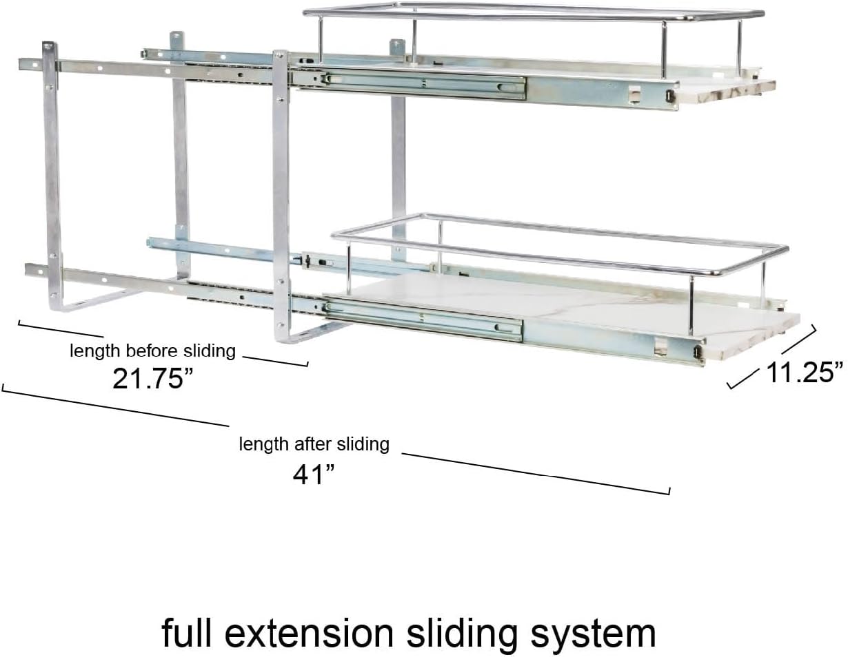 Household Essentials Sliding Cabinet Organizer, Dual Shelf, Chrome and Faux Marble Kitchen Organizer