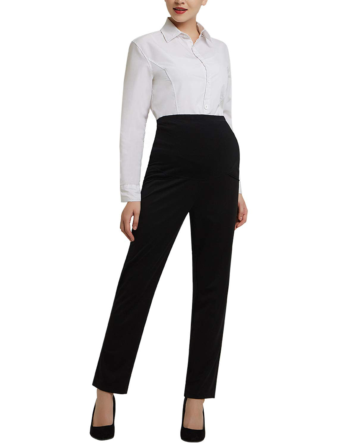 Bhome Maternity Jeans Stretch High Waisted Pants,Dress Pants for Work Career Office Pants, Black Straight Work Pants