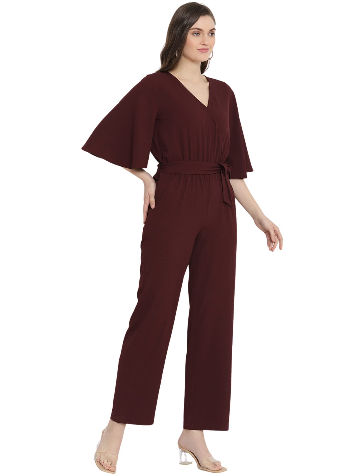 Styleville.in Moss Crepe Wrap Jumpsuit with Flare Sleeve