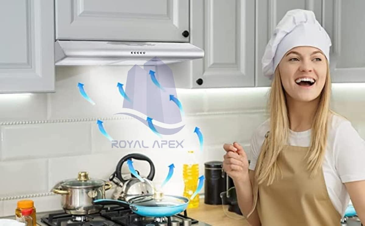 Royal Apex Wall-mounted SS White/Silver Cooker & Extractor Hood Box Design with High Extraction Rate, LED Lights for Optimal Visibility and Ambience for Cooking (60X47X13 CM - SILVER)