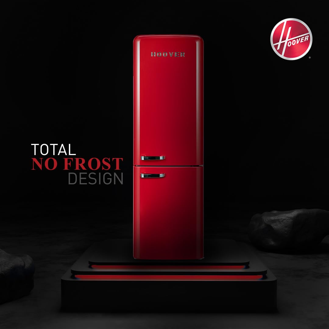 Hoover 300L Bottom Mount Retro Style Refrigerator, Total No Frost Design, Metal Texture Handle, Electronic Control & LED Light, Silver Strip & Ice Twister, 1 Year Warranty,Red - HBR-M300-RR