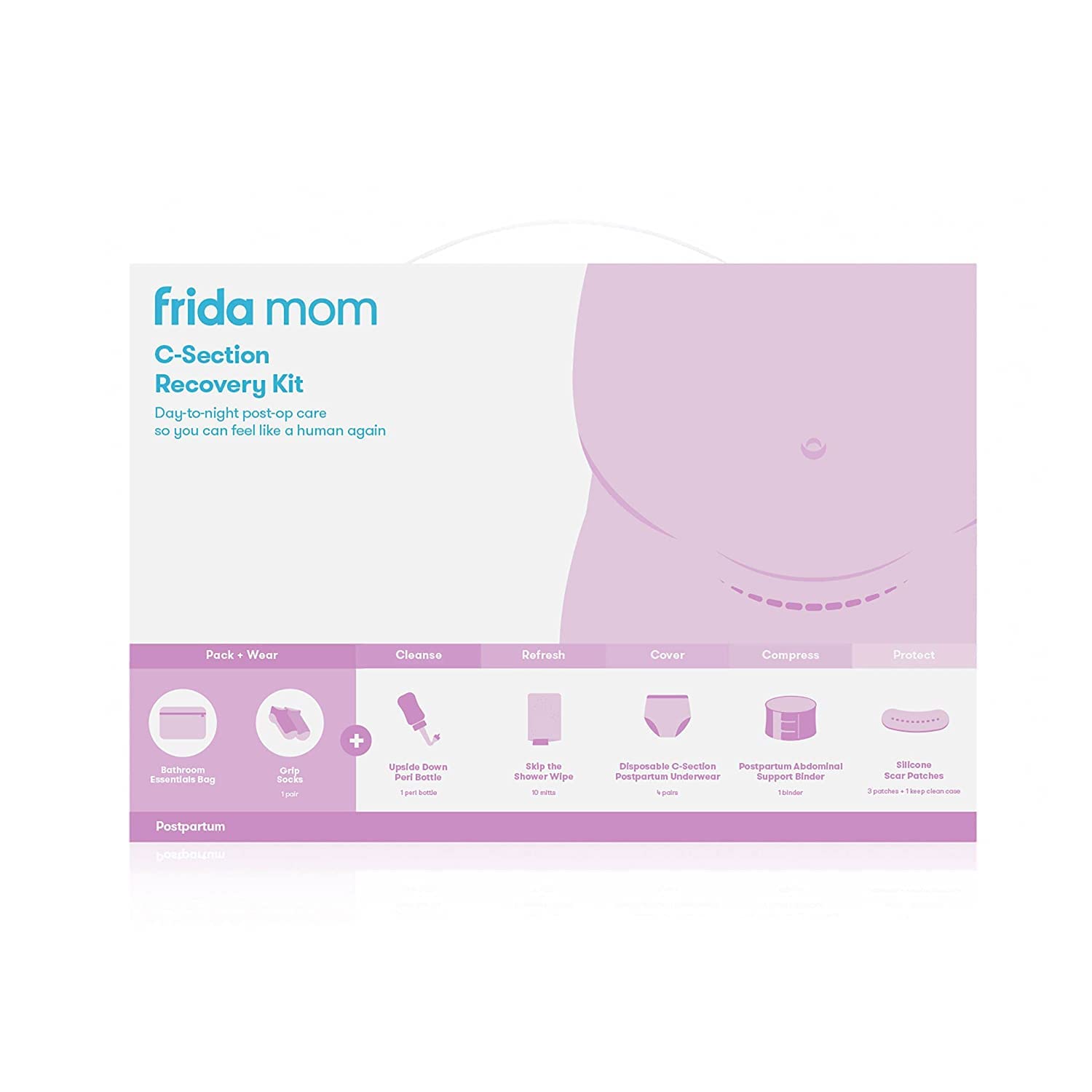 Frida Mom C-Section Recovery Kit for Labor, Delivery, & Postpartum| Socks, Peri Bottle, Disposable Underwear, Abdominal Support Binder, Shower Wipes, Silicone Scar Patches, Toiletry Bag, 1.0 Count