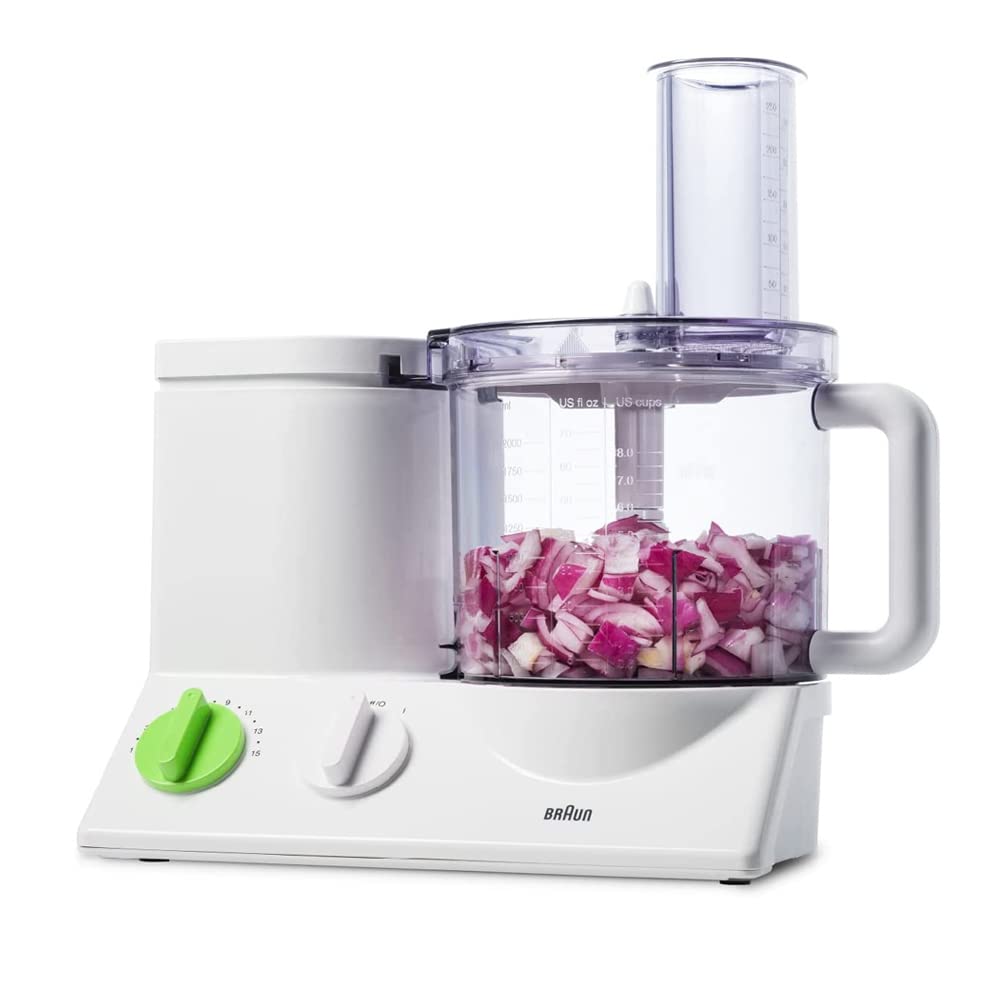 Braun FP3020 12 Cup Food Processor Ultra Quiet Powerful motor, includes 7 Attachment Blades + Chopper and Citrus Juicer - White