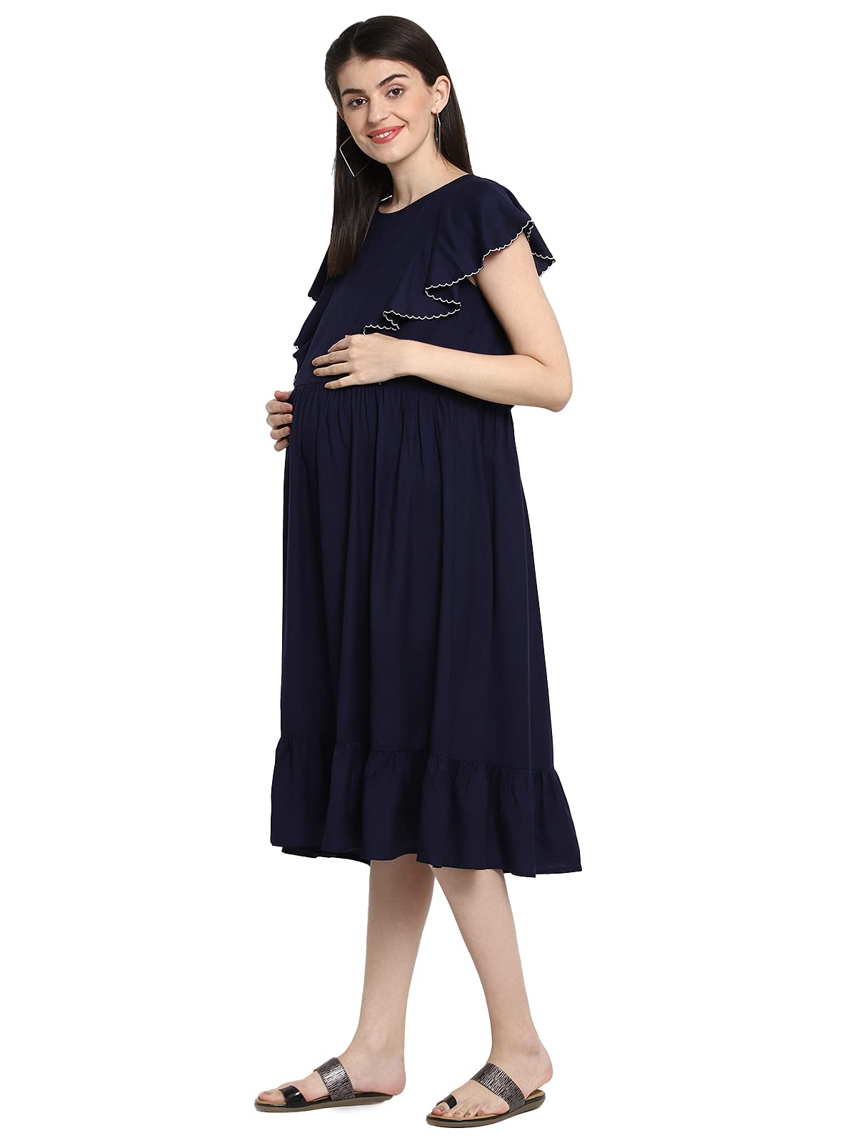 Momstory Women'S Maternity Midi Dress With Frill Details (Mdrfn502152)