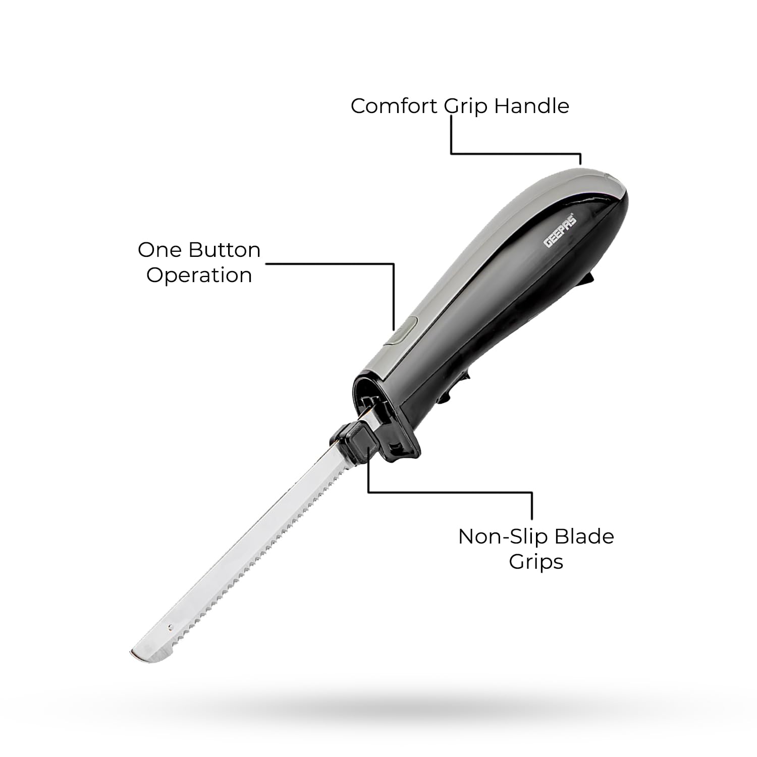 Geepas 150W Electric Knife – Serrated Carving Knife - Can Cut Turkey, Meat, Bread, Vegetables, Fruits, Ham, and Cooked Beef – Single Start Button & Eject Button – (Black & Grey)