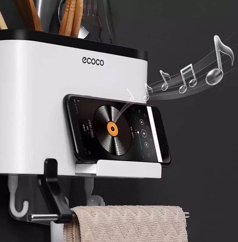 Ecoco kitchen tools and towel holder with 4 hook and stick stand double face by ecoco. - White /  Grey