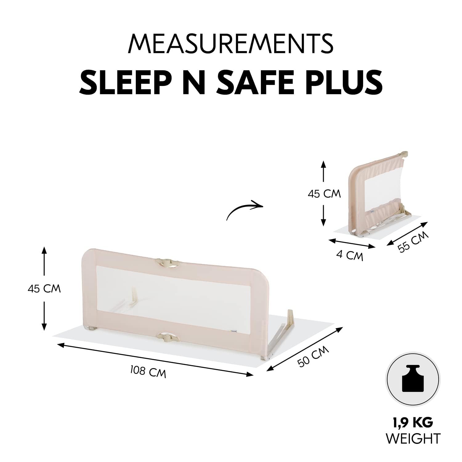 Hauck Sleep N Safe Plus bed rail for children 108 x 50 x 44 cm, foldable 55 x 4 x 45 cm, portable, with mesh, Beige